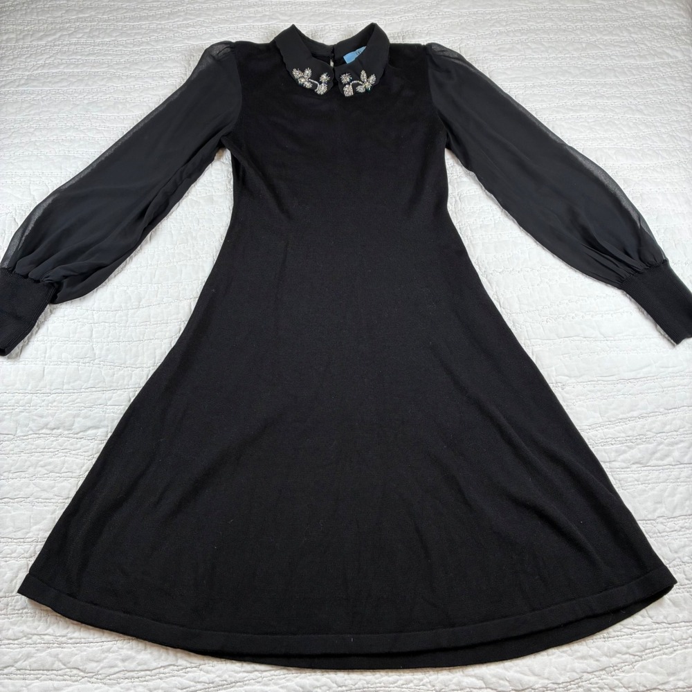 CeCe Knit A-Line Dress Womens S Beaded Peter Pan Collar Sheer Sleeve Cocktail